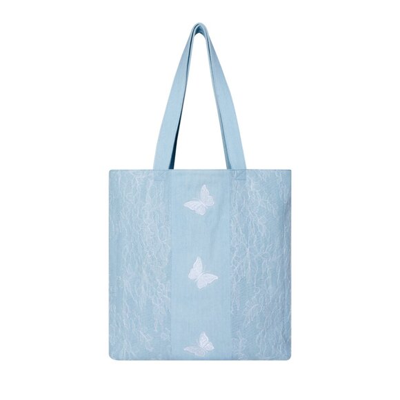 Brand New Clearance - Original Design Romantic Butterfly Lace Denim Tote - Picture 1 of 8